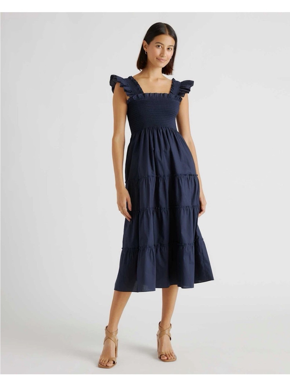 Quince Cotton Smocked Tiered Midi Dress Navy Blue S Ruffle Midi Cottagecore